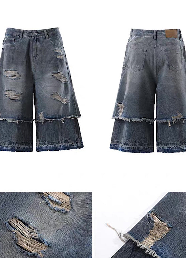 【BLANKIN】Layered style gimmick design damaged wash denim shorts  BI0009