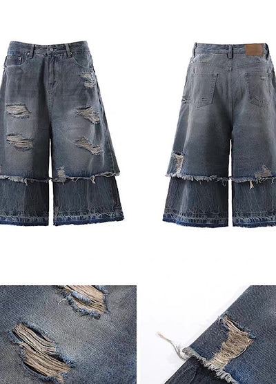 【BLANKIN】Layered style gimmick design damaged wash denim shorts  BI0009
