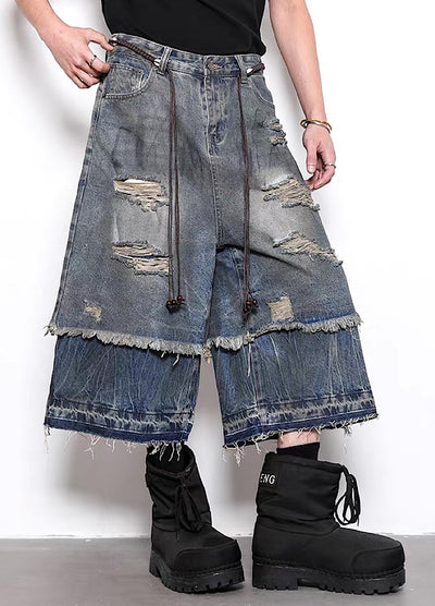 【BLANKIN】Layered style gimmick design damaged wash denim shorts  BI0009