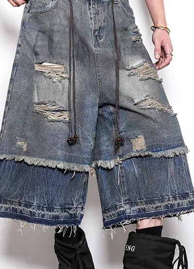 【BLANKIN】Layered style gimmick design damaged wash denim shorts  BI0009