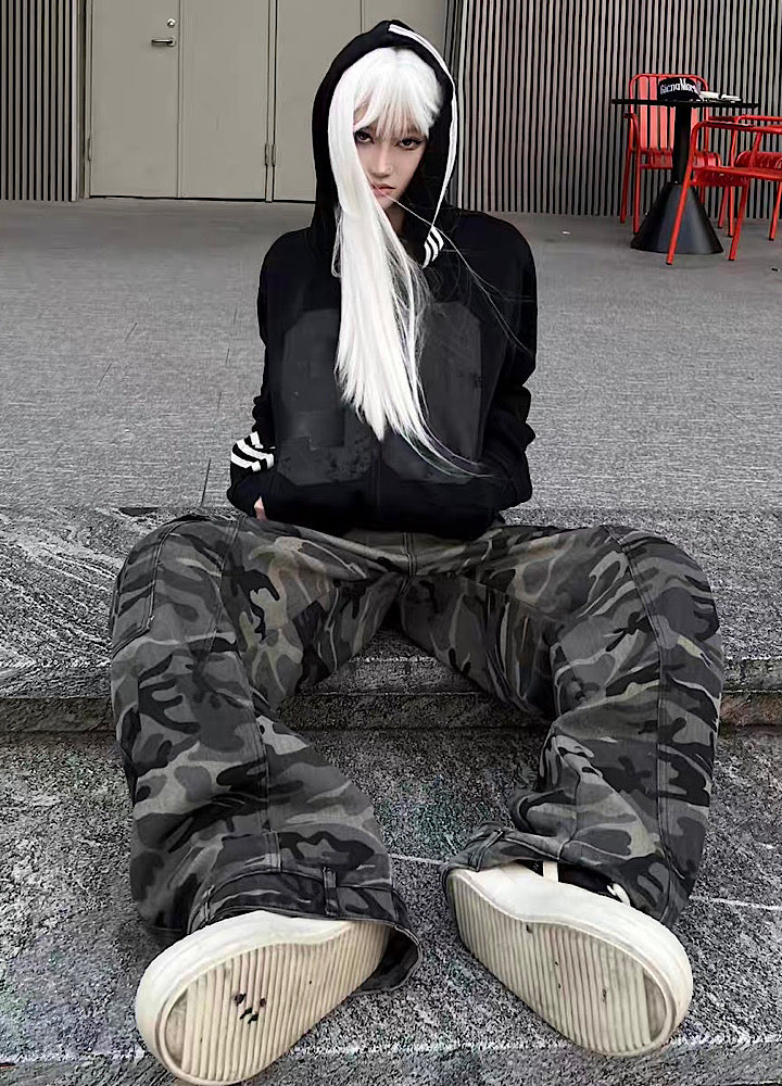 【TR BRUSHSHIFT】Short silhouette monotone base front number wash hoodie  TB0058