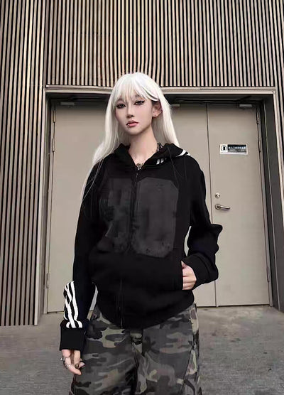 【TR BRUSHSHIFT】Short silhouette monotone base front number wash hoodie  TB0058