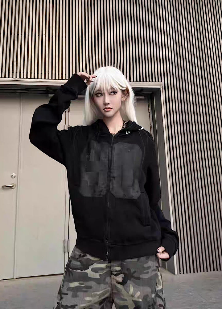 【TR BRUSHSHIFT】Short silhouette monotone base front number wash hoodie  TB0058