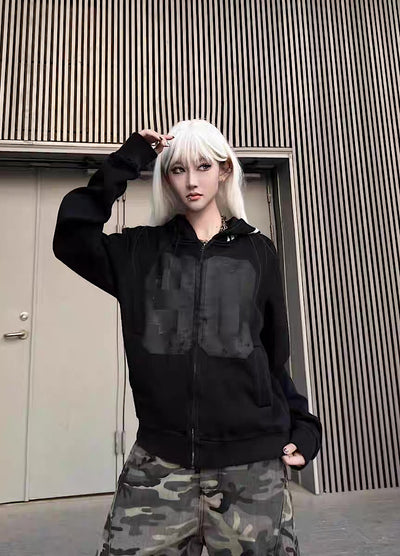 【TR BRUSHSHIFT】Short silhouette monotone base front number wash hoodie  TB0058