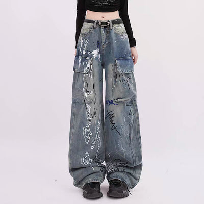 [Rayohopp] Pay-in-and-graffiti design normalized color denim pants RH0078