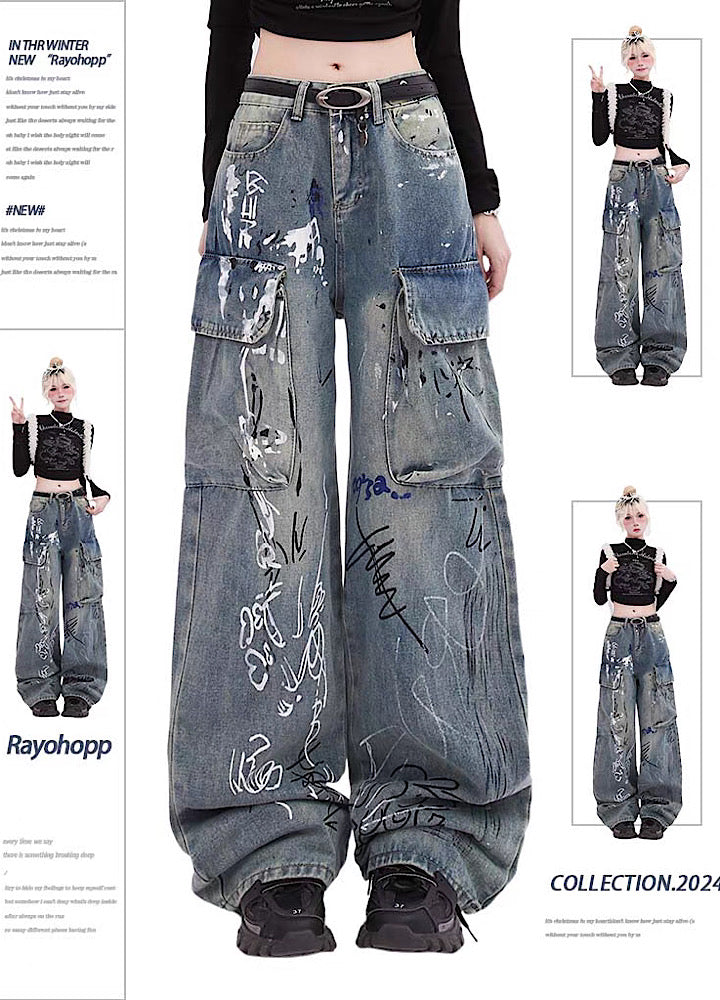 [Rayohopp] Pay-in-and-graffiti design normalized color denim pants RH0078