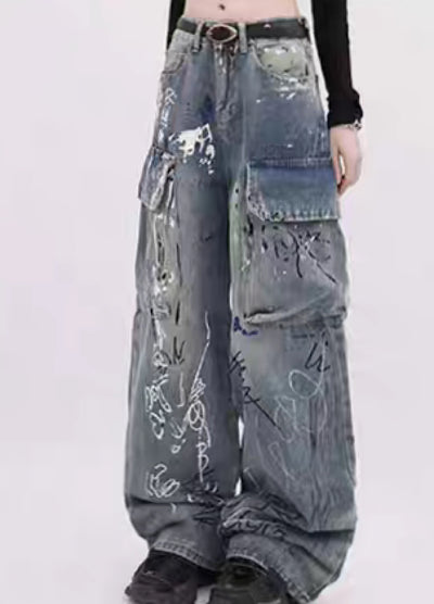 【Rayohopp】Pay-in-and-graffiti design normalized color denim pants  RH0078