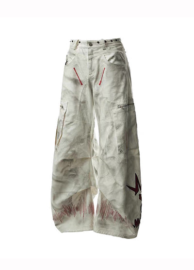 【TR BRUSHSHIFT】Whitewashed base with red point design wide cargo denim pants  TB0060