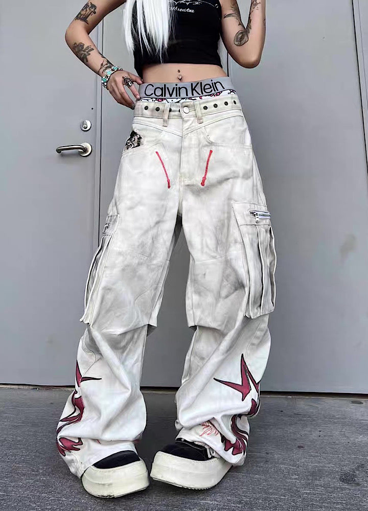 【TR BRUSHSHIFT】Whitewashed base with red point design wide cargo denim pants  TB0060