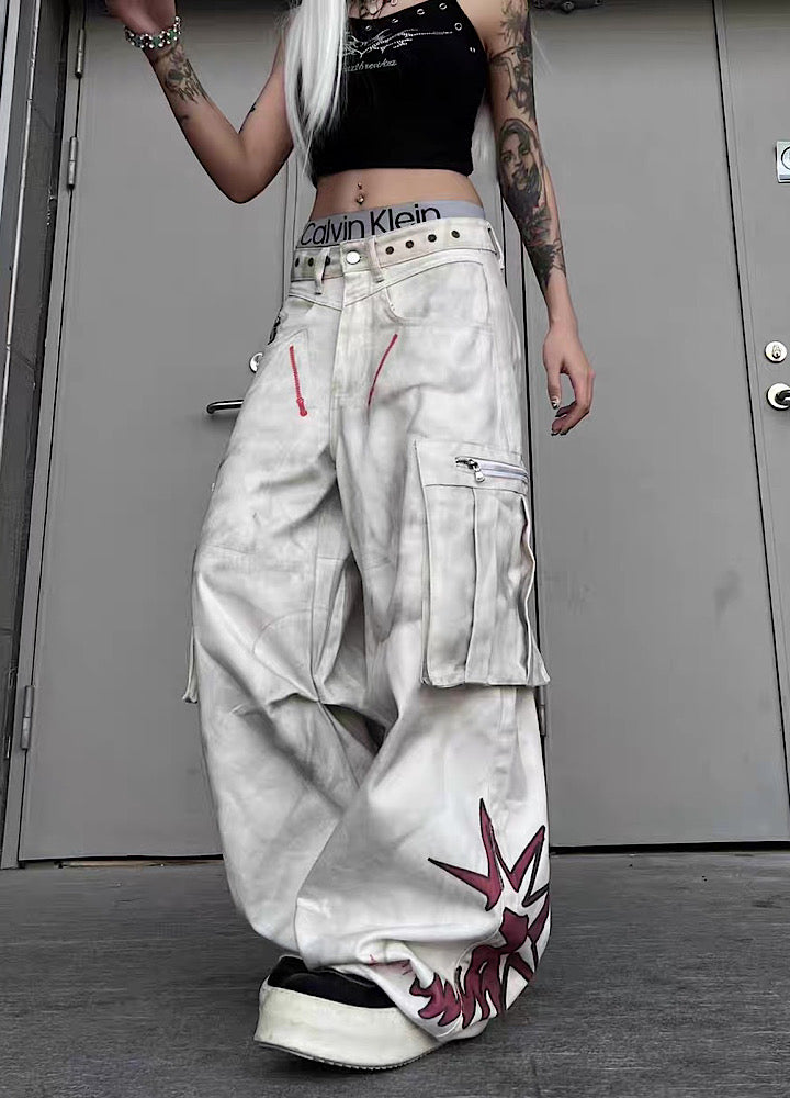 【TR BRUSHSHIFT】Whitewashed base with red point design wide cargo denim pants  TB0060