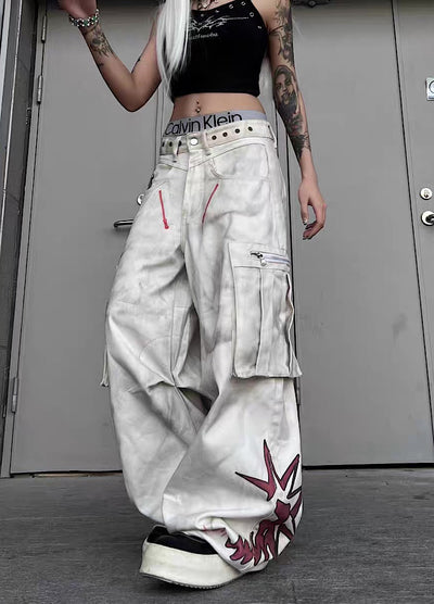 【TR BRUSHSHIFT】Whitewashed base with red point design wide cargo denim pants  TB0060