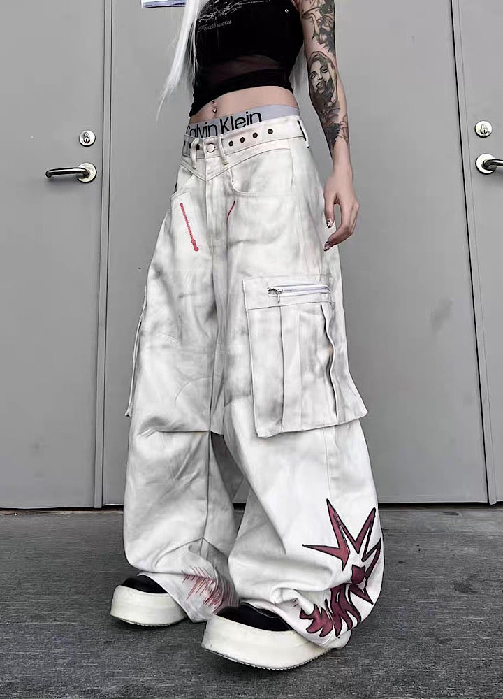 【TR BRUSHSHIFT】Whitewashed base with red point design wide cargo denim pants  TB0060