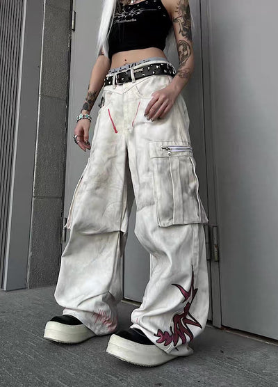 【TR BRUSHSHIFT】Whitewashed base with red point design wide cargo denim pants  TB0060