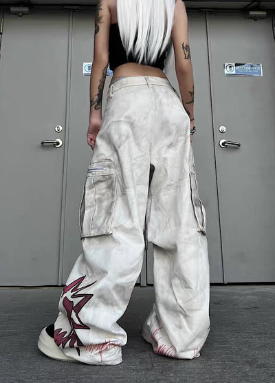 【TR BRUSHSHIFT】Whitewashed base with red point design wide cargo denim pants  TB0060