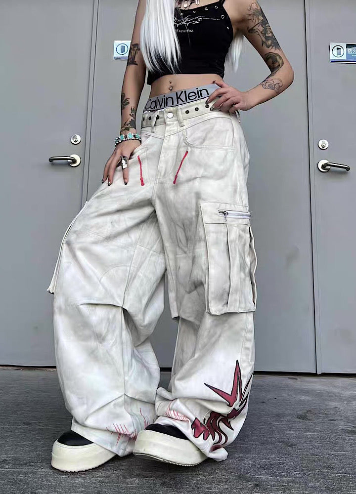 【TR BRUSHSHIFT】Whitewashed base with red point design wide cargo denim pants  TB0060