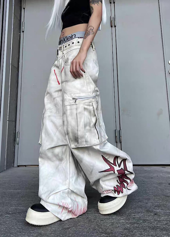 【TR BRUSHSHIFT】Whitewashed base with red point design wide cargo denim pants  TB0060