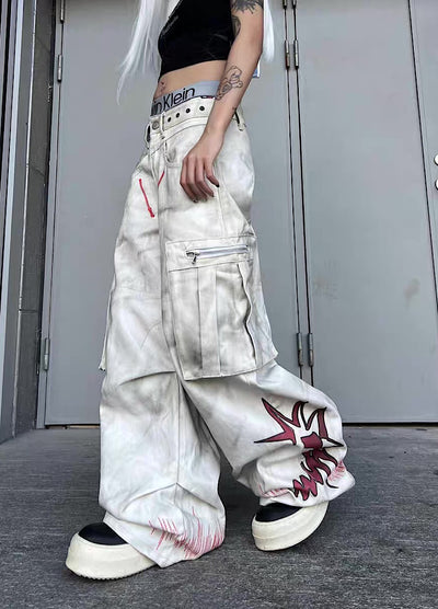 【TR BRUSHSHIFT】Whitewashed base with red point design wide cargo denim pants  TB0060