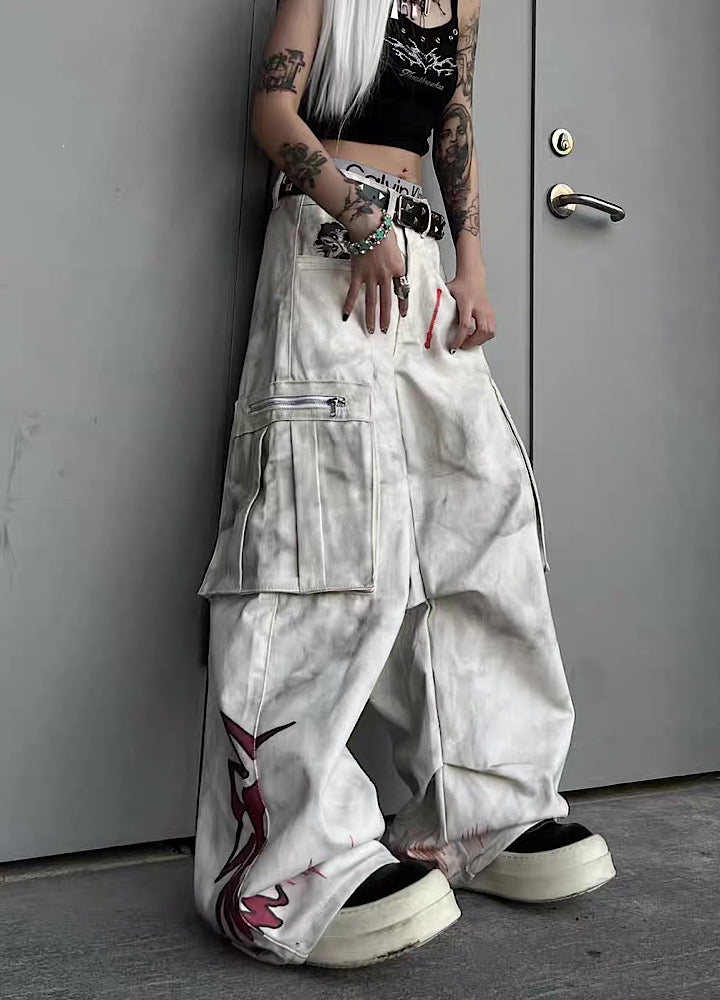 【TR BRUSHSHIFT】Whitewashed base with red point design wide cargo denim pants  TB0060