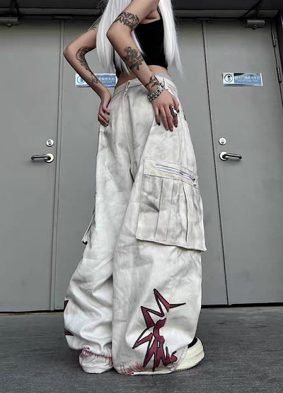【TR BRUSHSHIFT】Whitewashed base with red point design wide cargo denim pants  TB0060