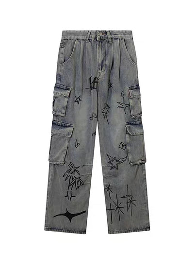 [Rayohopp] Graffiti Style Street Design Cargo Denim Pants RH0080