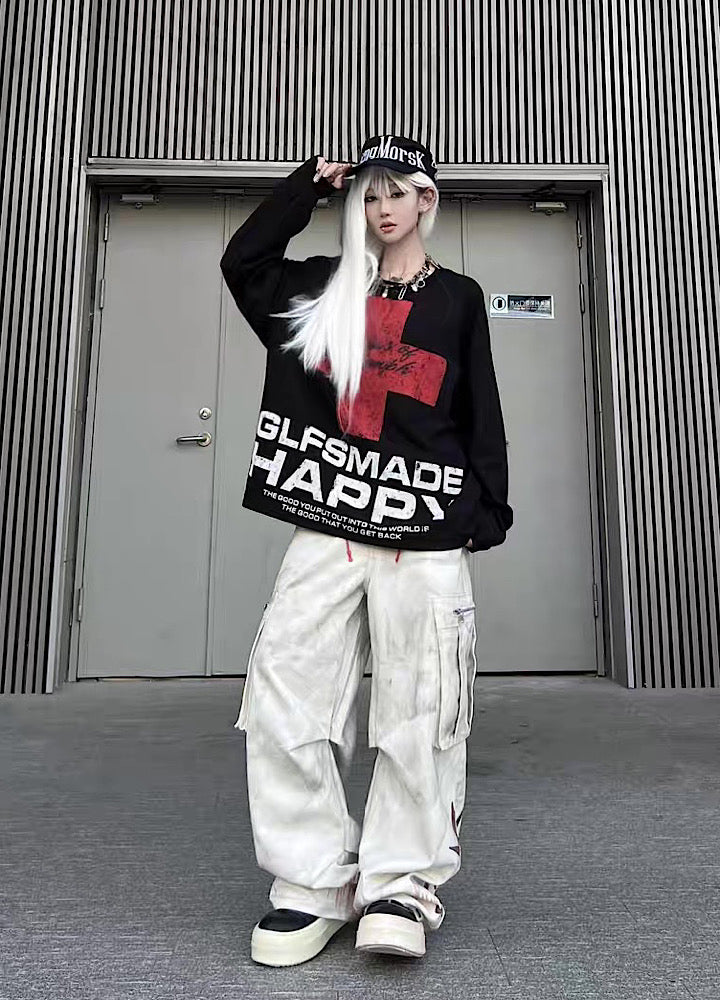 【TR BRUSHSHIFT】Whitewashed base with red point design wide cargo denim pants  TB0060