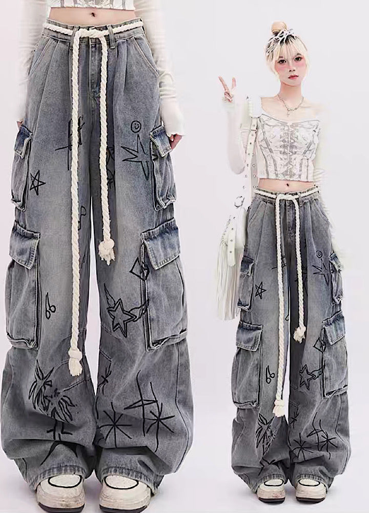 Rayohopp] Graffiti Style Street Design Cargo Denim Pants