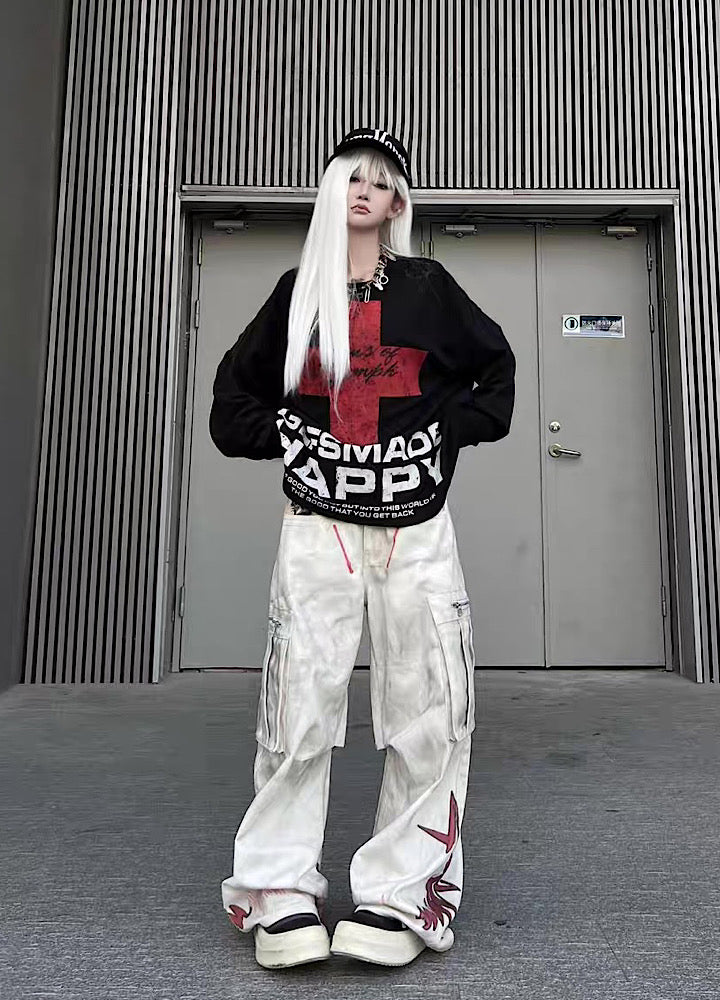 【TR BRUSHSHIFT】Whitewashed base with red point design wide cargo denim pants  TB0060