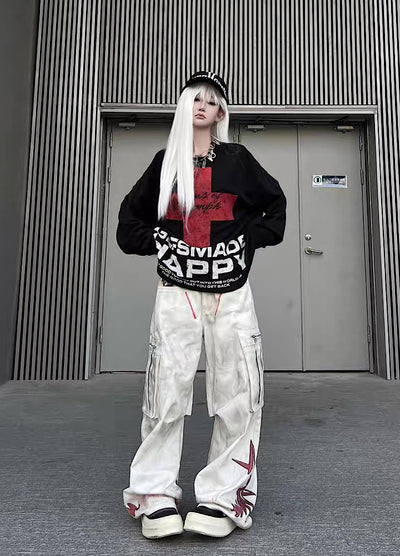 【TR BRUSHSHIFT】Whitewashed base with red point design wide cargo denim pants  TB0060