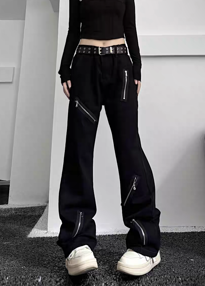 【W3】Full metal zip countless design black pants  WO0042