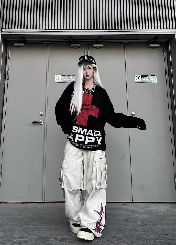 【TR BRUSHSHIFT】Whitewashed base with red point design wide cargo denim pants  TB0060