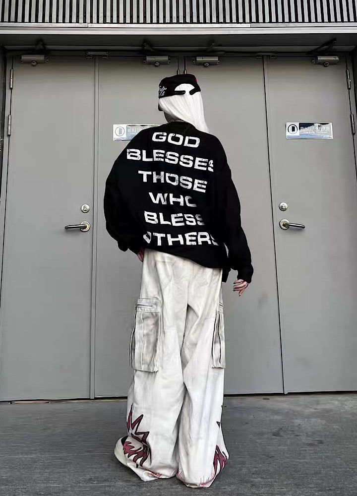 【TR BRUSHSHIFT】Whitewashed base with red point design wide cargo denim pants  TB0060