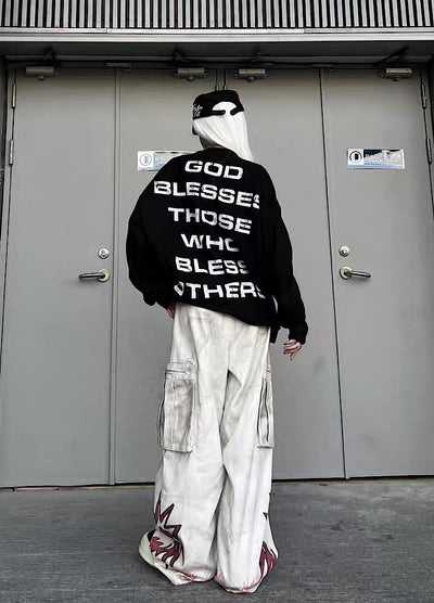 【TR BRUSHSHIFT】Whitewashed base with red point design wide cargo denim pants  TB0060