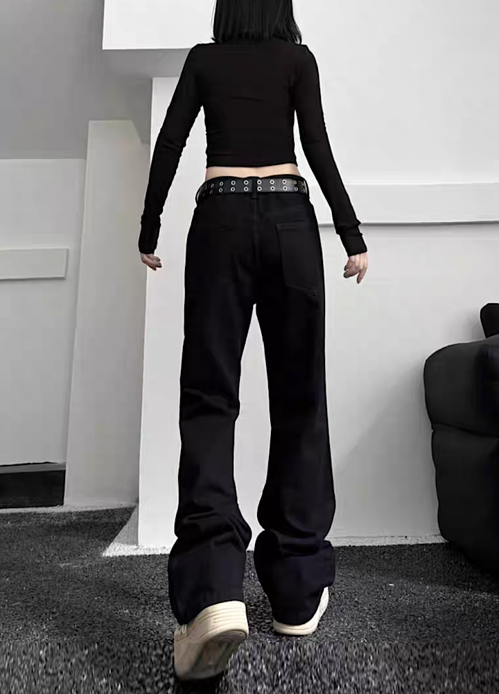 [W3] Full metal zip countless design black pants WO0042