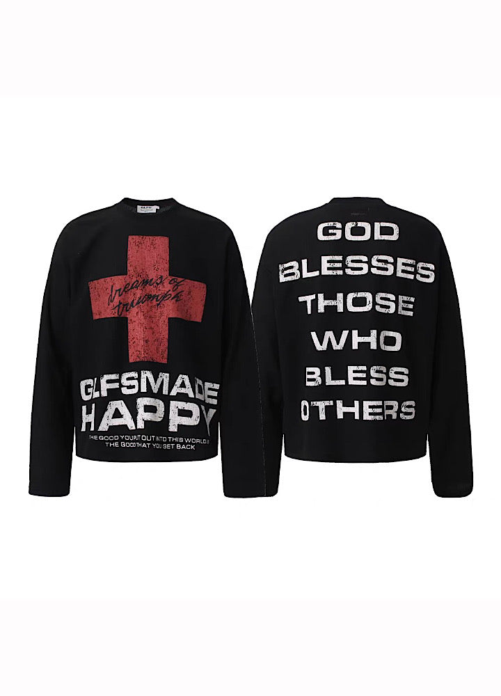【TR BRUSHSHIFT】Red cross front design with initials on the back Loose long-sleeved T-shirt  TB0061