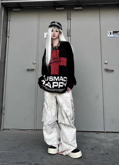 【TR BRUSHSHIFT】Red cross front design with initials on the back Loose long-sleeved T-shirt  TB0061