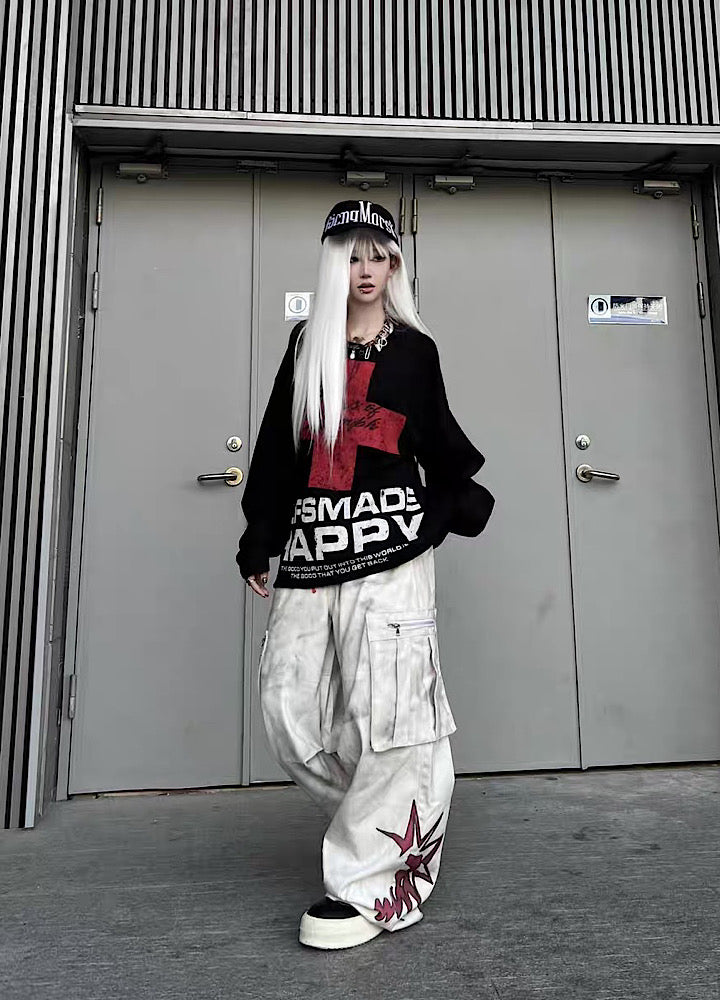 【TR BRUSHSHIFT】Red cross front design with initials on the back Loose long-sleeved T-shirt  TB0061