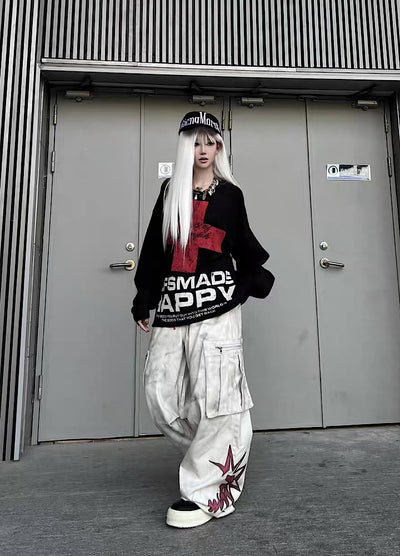 【TR BRUSHSHIFT】Red cross front design with initials on the back Loose long-sleeved T-shirt  TB0061