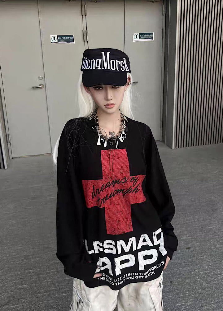 【TR BRUSHSHIFT】Red cross front design with initials on the back Loose long-sleeved T-shirt  TB0061