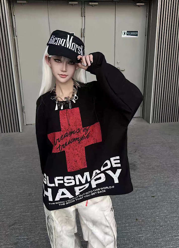【TR BRUSHSHIFT】Red cross front design with initials on the back Loose long-sleeved T-shirt  TB0061