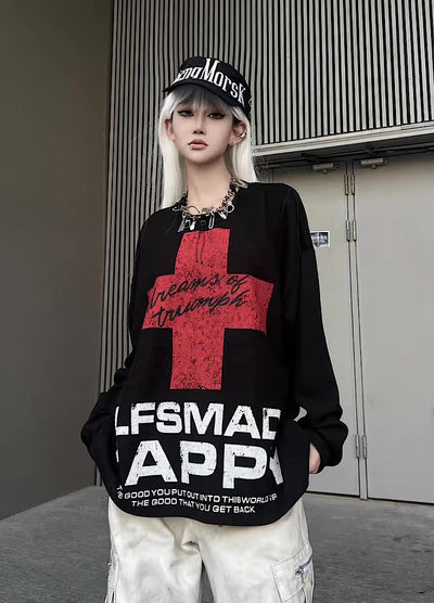 【TR BRUSHSHIFT】Red cross front design with initials on the back Loose long-sleeved T-shirt  TB0061