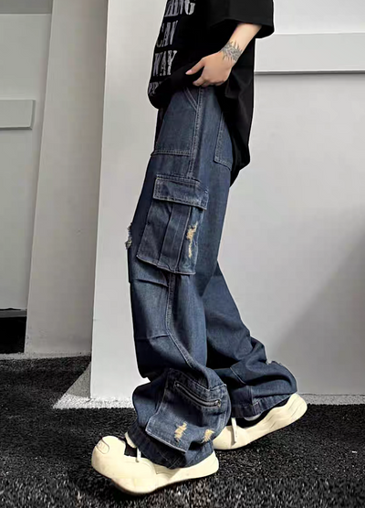 [W3] Simple vintage distressed style wide denim pants WO0043