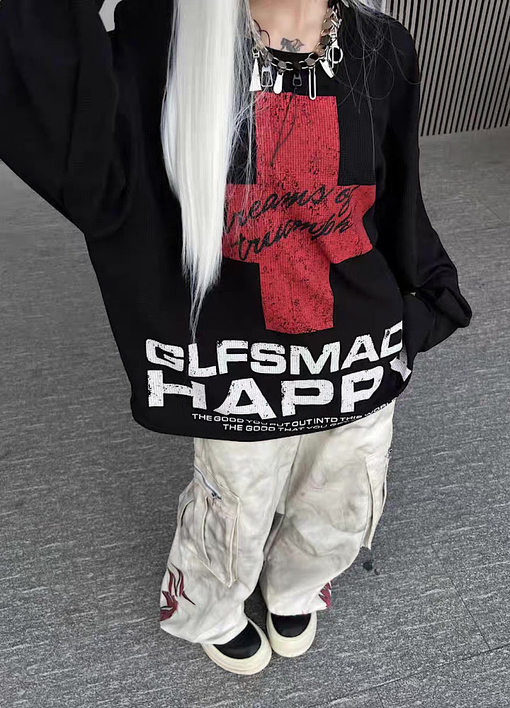 【TR BRUSHSHIFT】Red cross front design with initials on the back Loose long-sleeved T-shirt  TB0061
