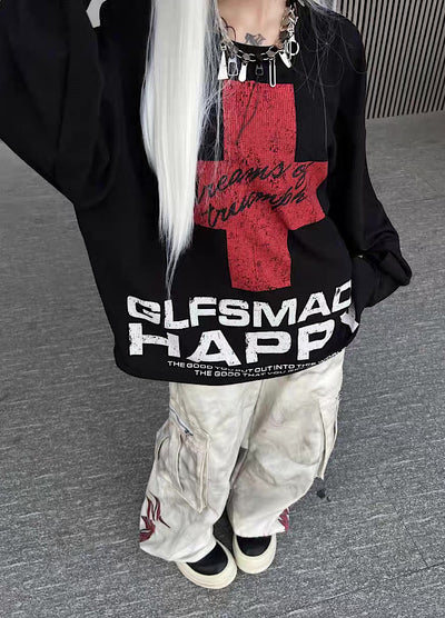 【TR BRUSHSHIFT】Red cross front design with initials on the back Loose long-sleeved T-shirt  TB0061