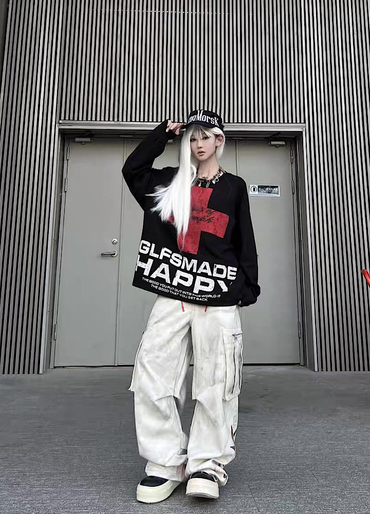 【TR BRUSHSHIFT】Red cross front design with initials on the back Loose long-sleeved T-shirt  TB0061
