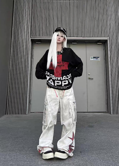 【TR BRUSHSHIFT】Red cross front design with initials on the back Loose long-sleeved T-shirt  TB0061