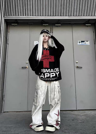 【TR BRUSHSHIFT】Red cross front design with initials on the back Loose long-sleeved T-shirt  TB0061