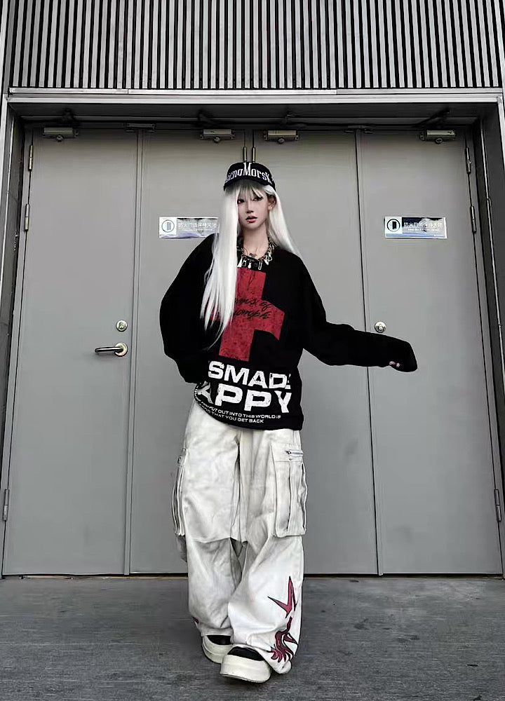 【TR BRUSHSHIFT】Red cross front design with initials on the back Loose long-sleeved T-shirt  TB0061