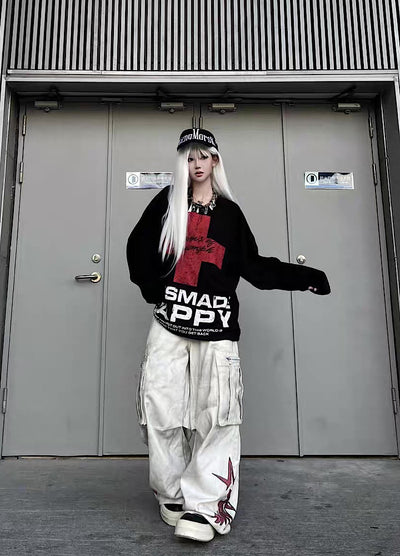 【TR BRUSHSHIFT】Red cross front design with initials on the back Loose long-sleeved T-shirt  TB0061