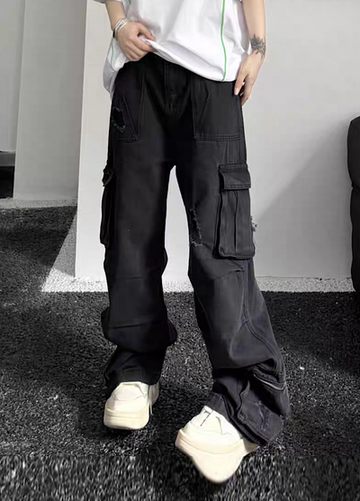 【W3】Simple vintage distressed style wide denim pants  WO0043
