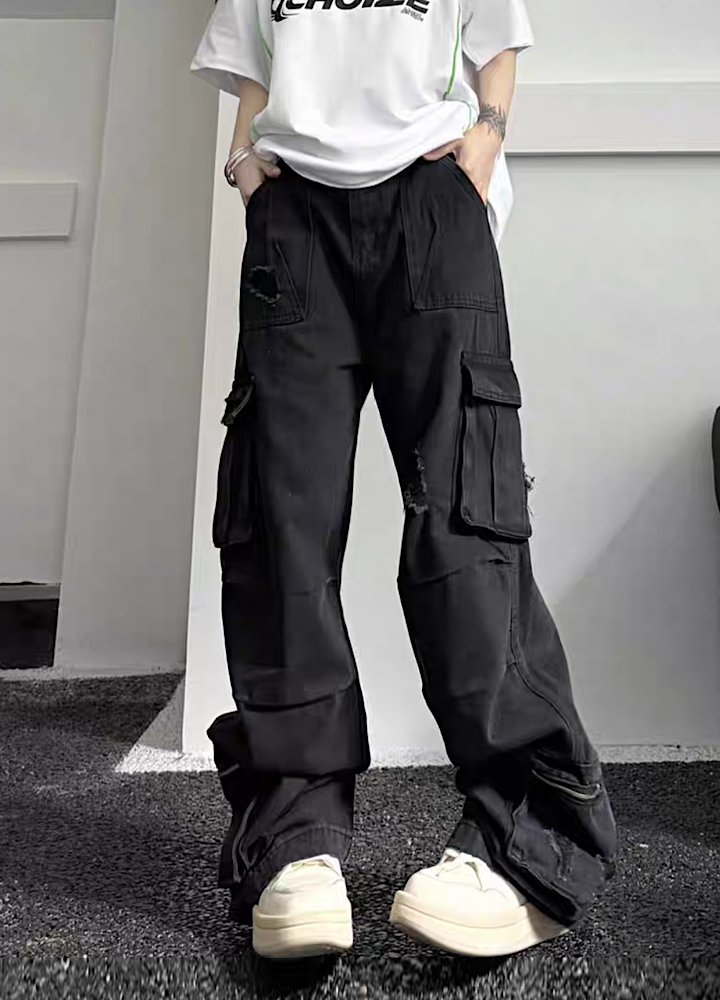 【W3】Simple vintage distressed style wide denim pants  WO0043